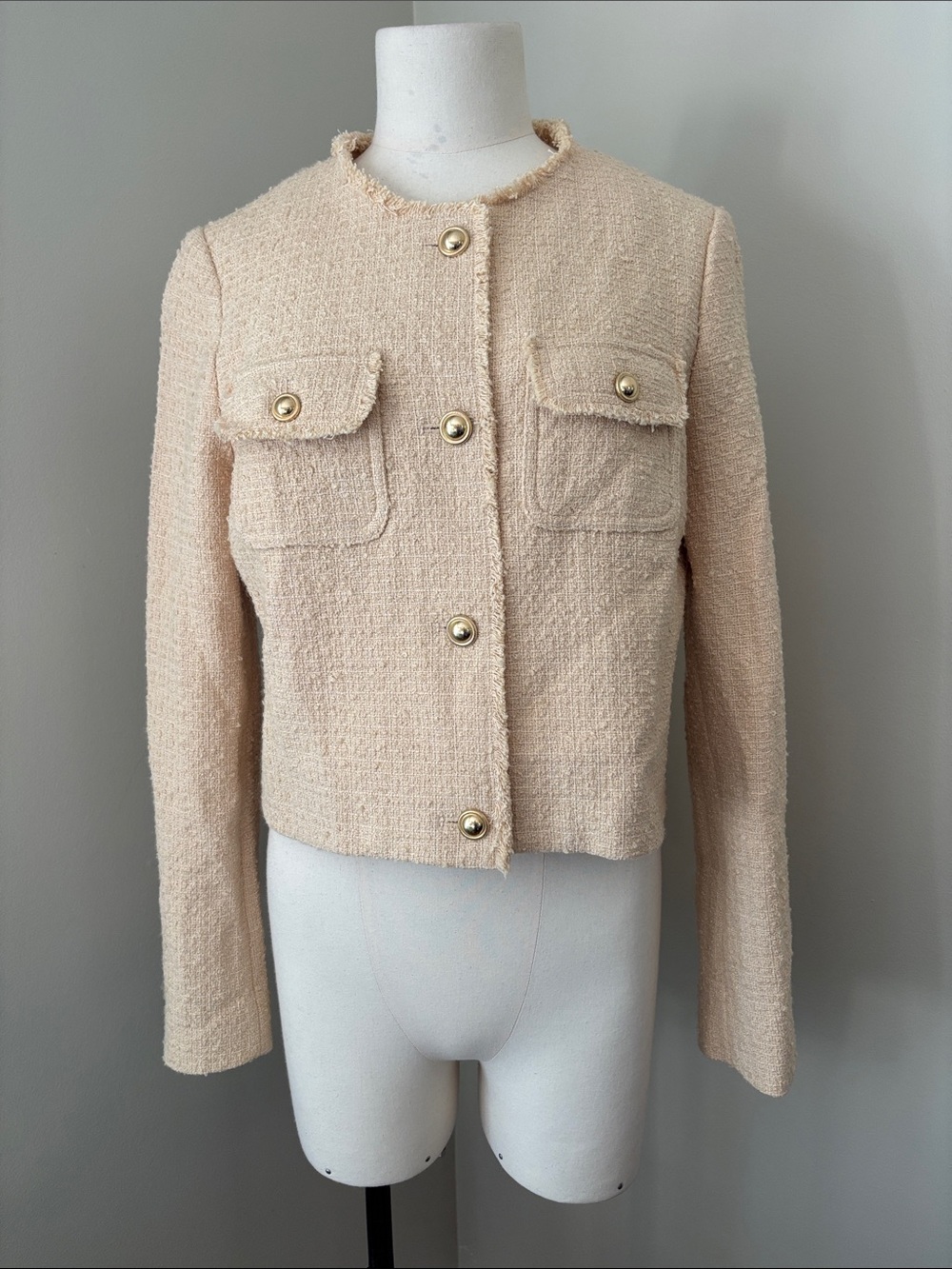 RW&CO. Collarless Bouclé Cropped Blazer with Gold Buttons Sz 6